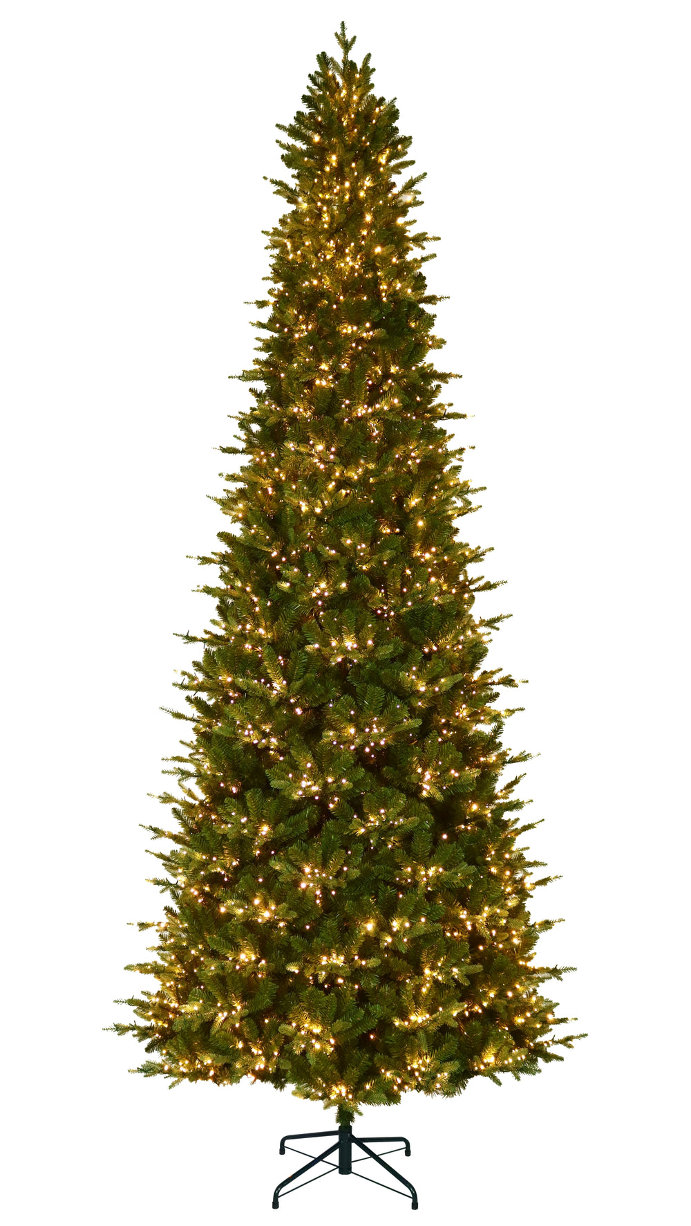 12' Alberta Slim Pre-Lit Artificial Christmas Tree, showing clear lights on.