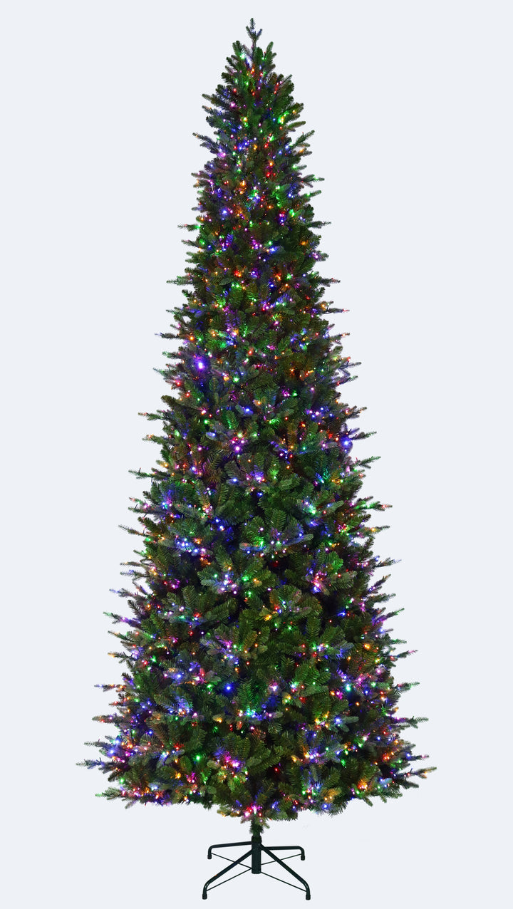 12' Alberta Slim Pre-Lit LED Artificial Christmas Tree, showing multi-colour lights on.