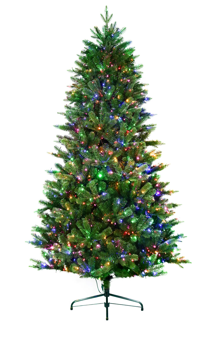 7.5' Grand Pre-Lit LED Artificial Christmas Tree, white background, showing multi-colour lights.