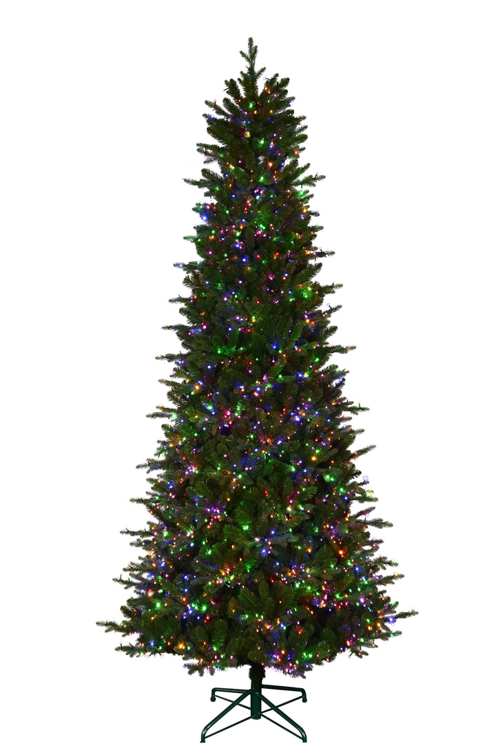 9' Alberta Slim Pre-Lit LED Artificial Christmas Tree, white background, showing multi-colour lights.