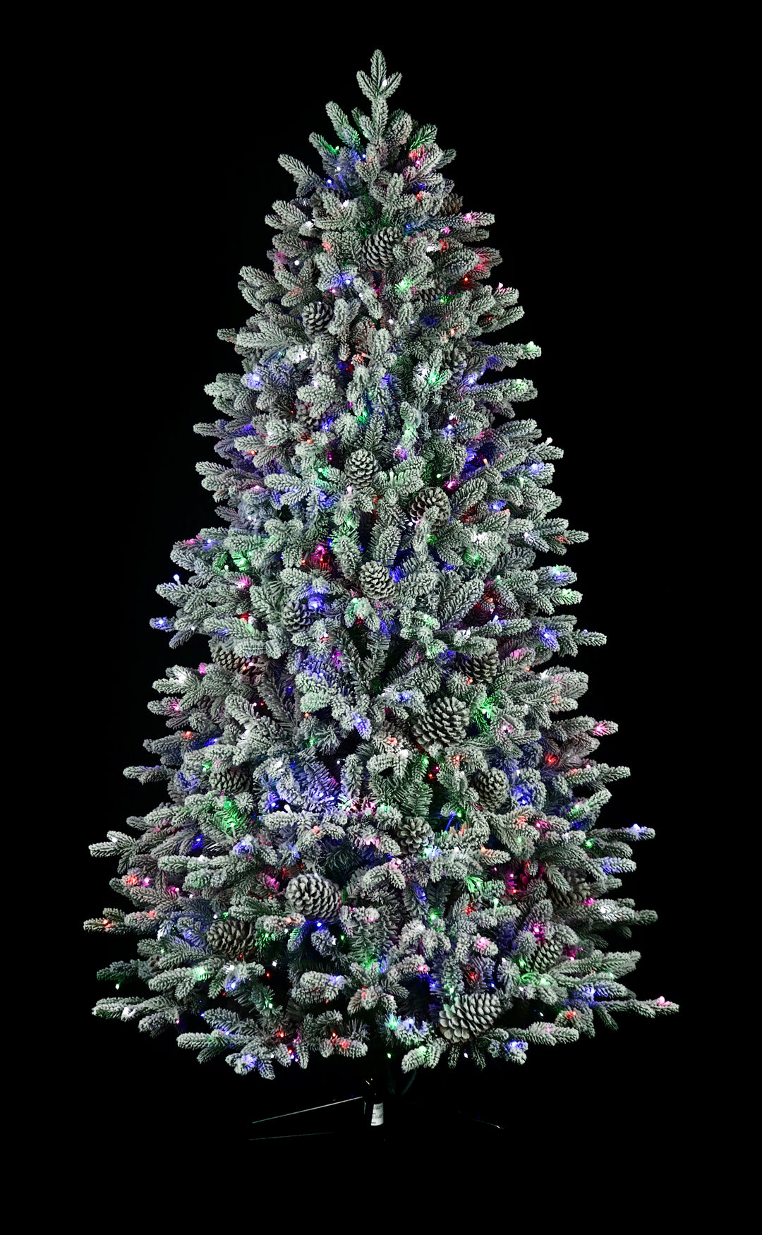 7.5' Woodland Flocked Pre-Lit LED Artificial Christmas Tree, showing multi-colour lights.