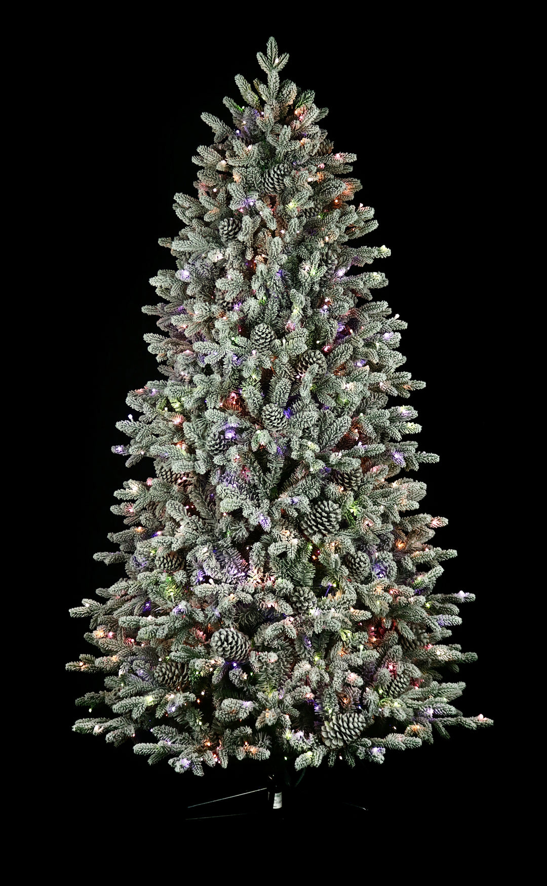 7.5' Woodland Flocked Pre-Lit LED Artificial Christmas Tree, showing pastel multi-colour lights.