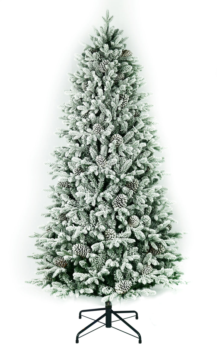 7.5' Woodland Flocked Pre-Lit LED Artificial Christmas Tree, white background.