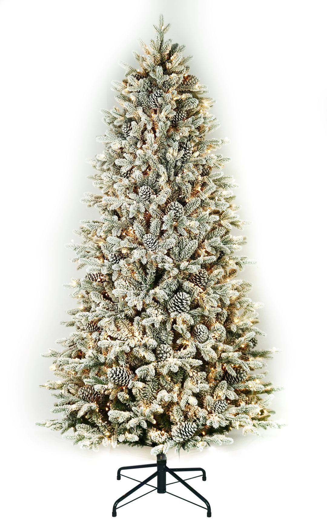 7.5' Woodland Flocked Pre-Lit LED Artificial Christmas Tree, white background, showing clear lights.