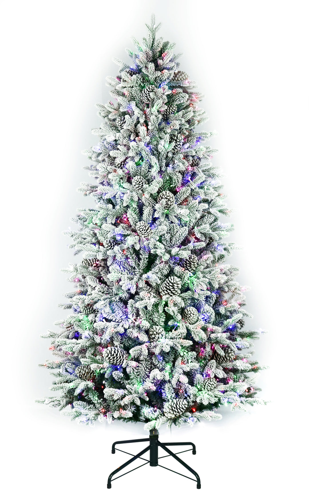 7.5' Woodland Flocked Pre-Lit LED Artificial Christmas Tree, white background, showing multi-colour lights.