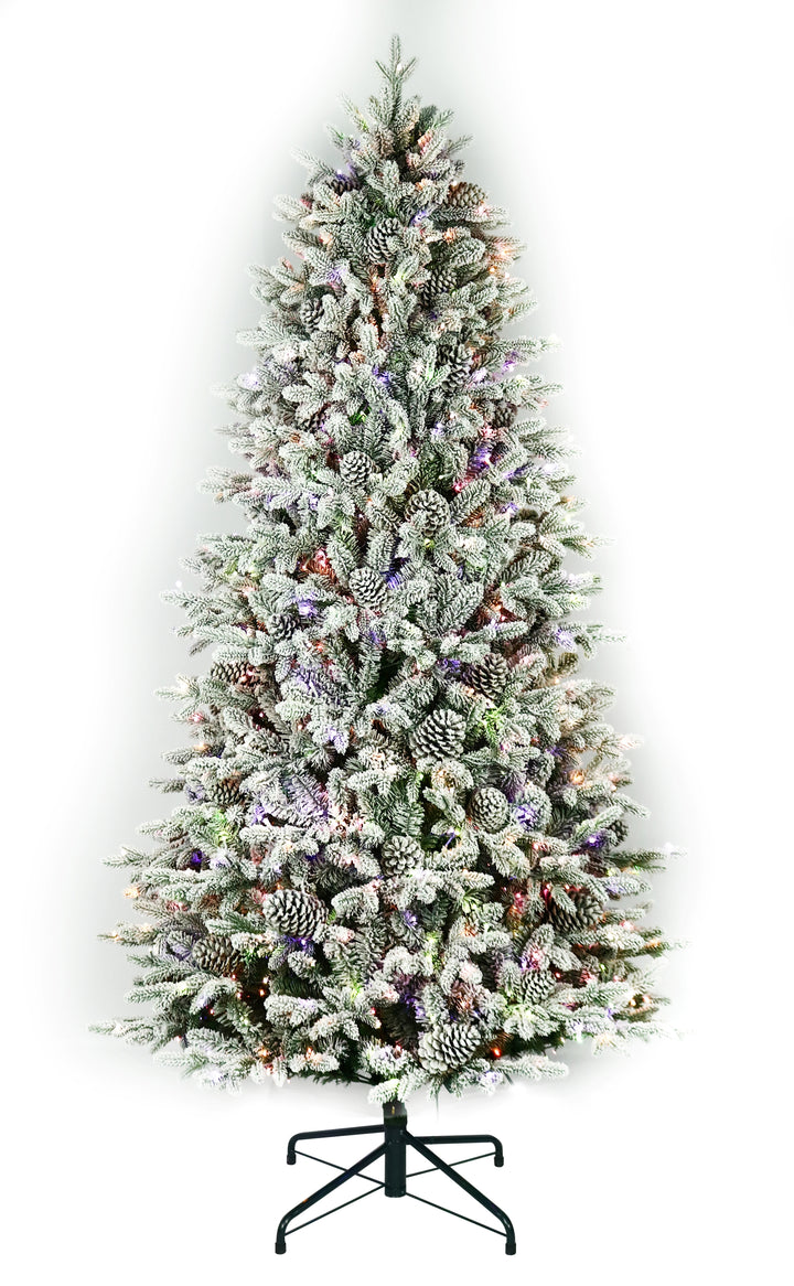 7.5' Woodland Flocked Pre-Lit LED Artificial Christmas Tree, white background, showing pastel multi-colour lights.