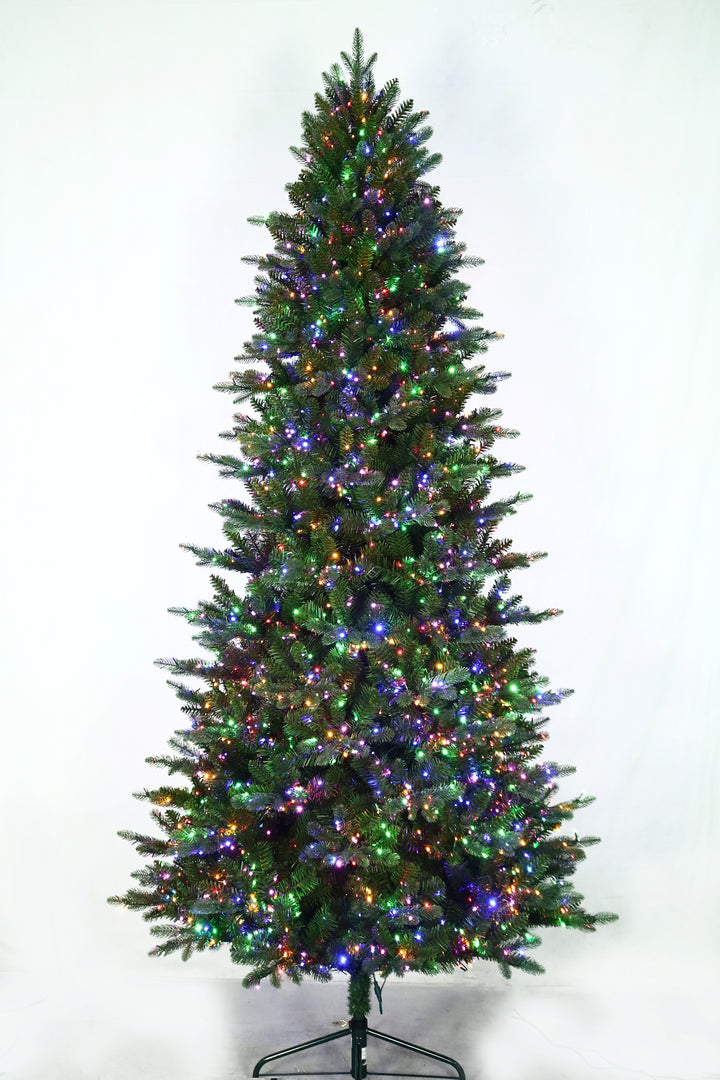 9' Cumberland Slim Pre-Lit LED Artificial Christmas Tree, white background, showing multi-colour lights.