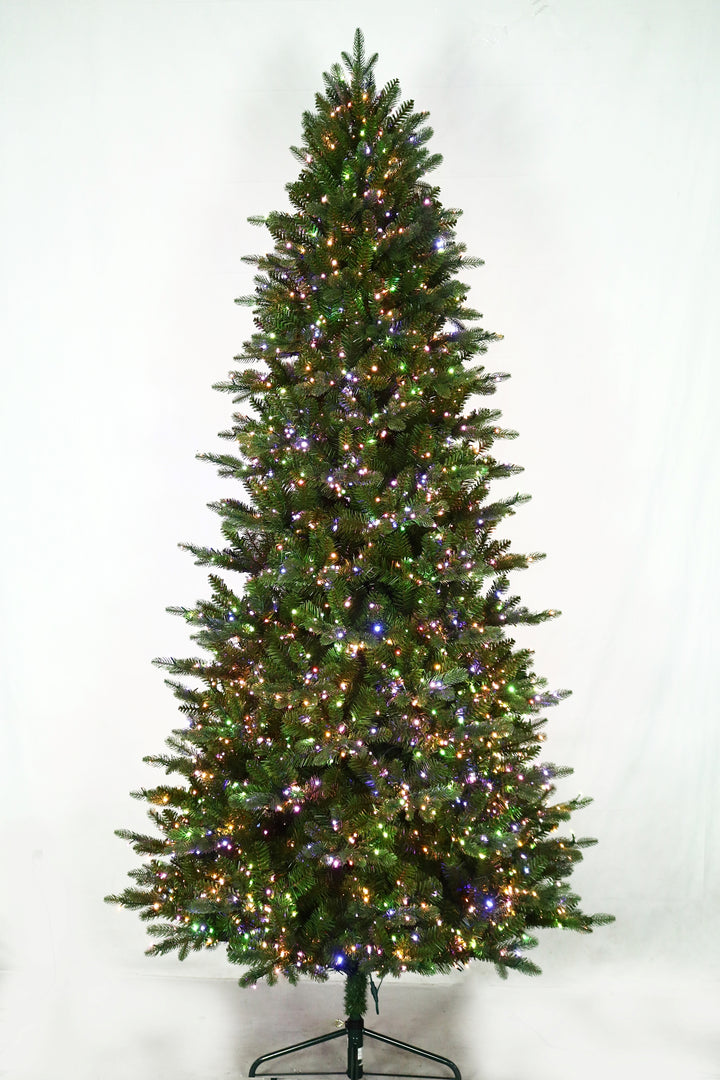 9' Cumberland Slim Pre-Lit LED Artificial Christmas Tree, white background, showing pastel multi-colour lights.