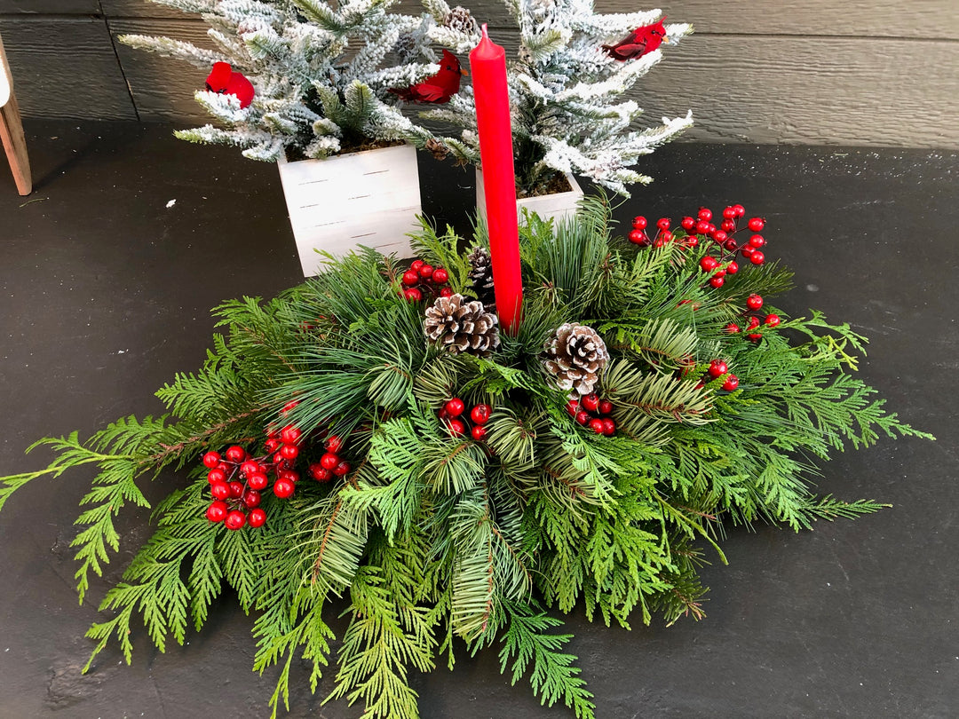 Merry Berry fresh greens centerpiece.