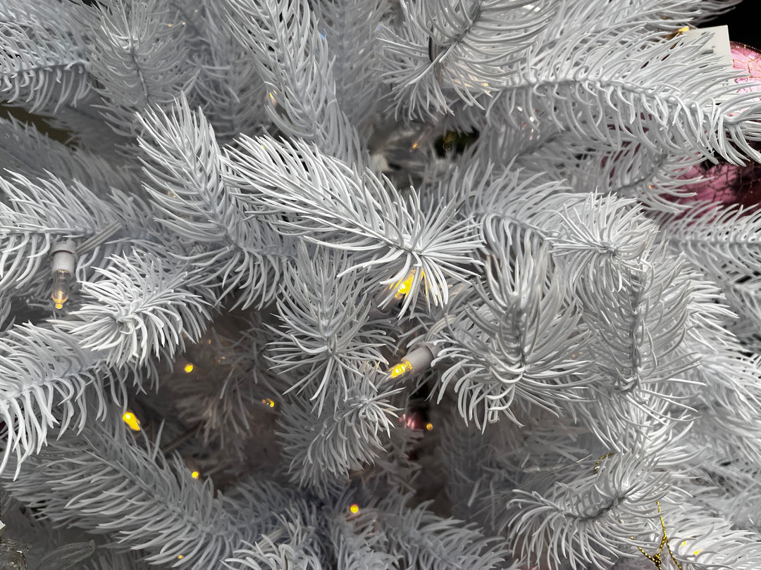 7.5' White Spruce Pre-Lit Artificial Christmas Tree, close-up of foliage.