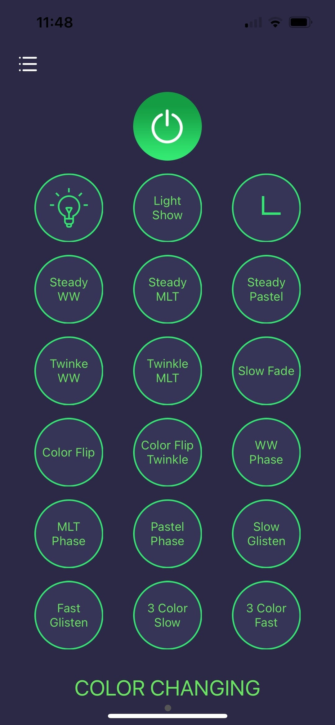 Screenshot of smartphone app to control 18-function colour changing lights on pre-lit artificial Christmas trees.