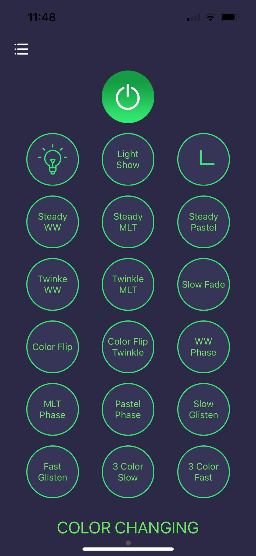 Screenshot of smartphone app to control 18-function colour changing lights on pre-lit artificial Christmas trees.