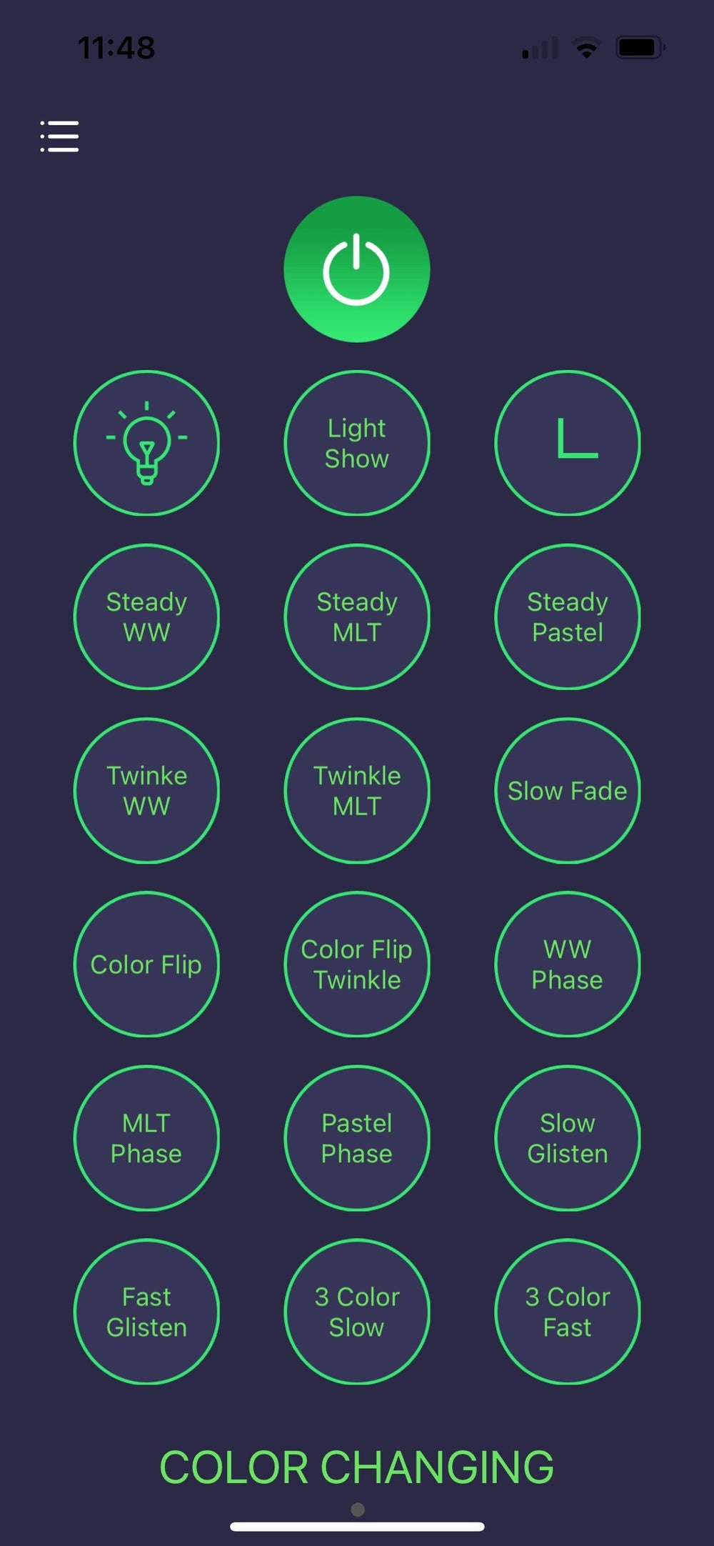 Screenshot of smartphone app for controlling 18-function lights for pre-lit artificial Christmas trees.