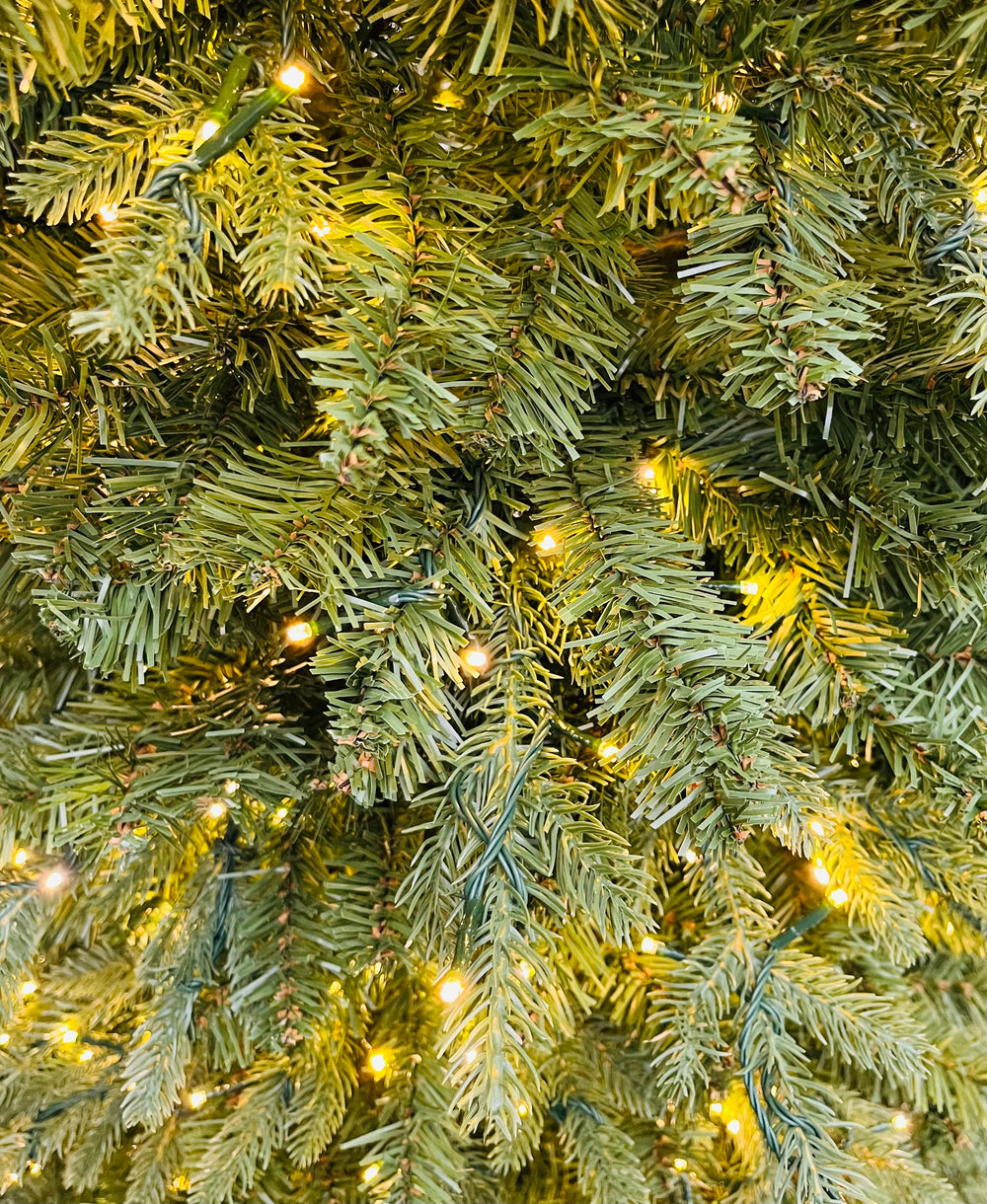 7.5' Alberta Slim Pre-Lit Artificial Christmas Tree, showing close-up of foliage with clear lights.