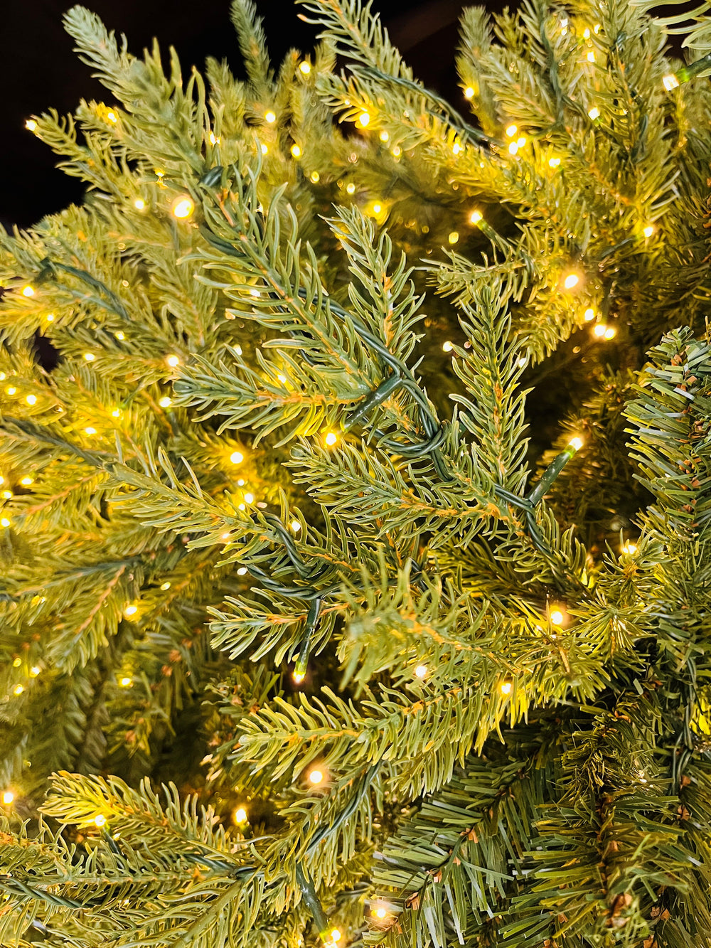 7.5' Kensington Pre-Lit LED Artificial Christmas Tree, showing close-up of foliage with clear lights.